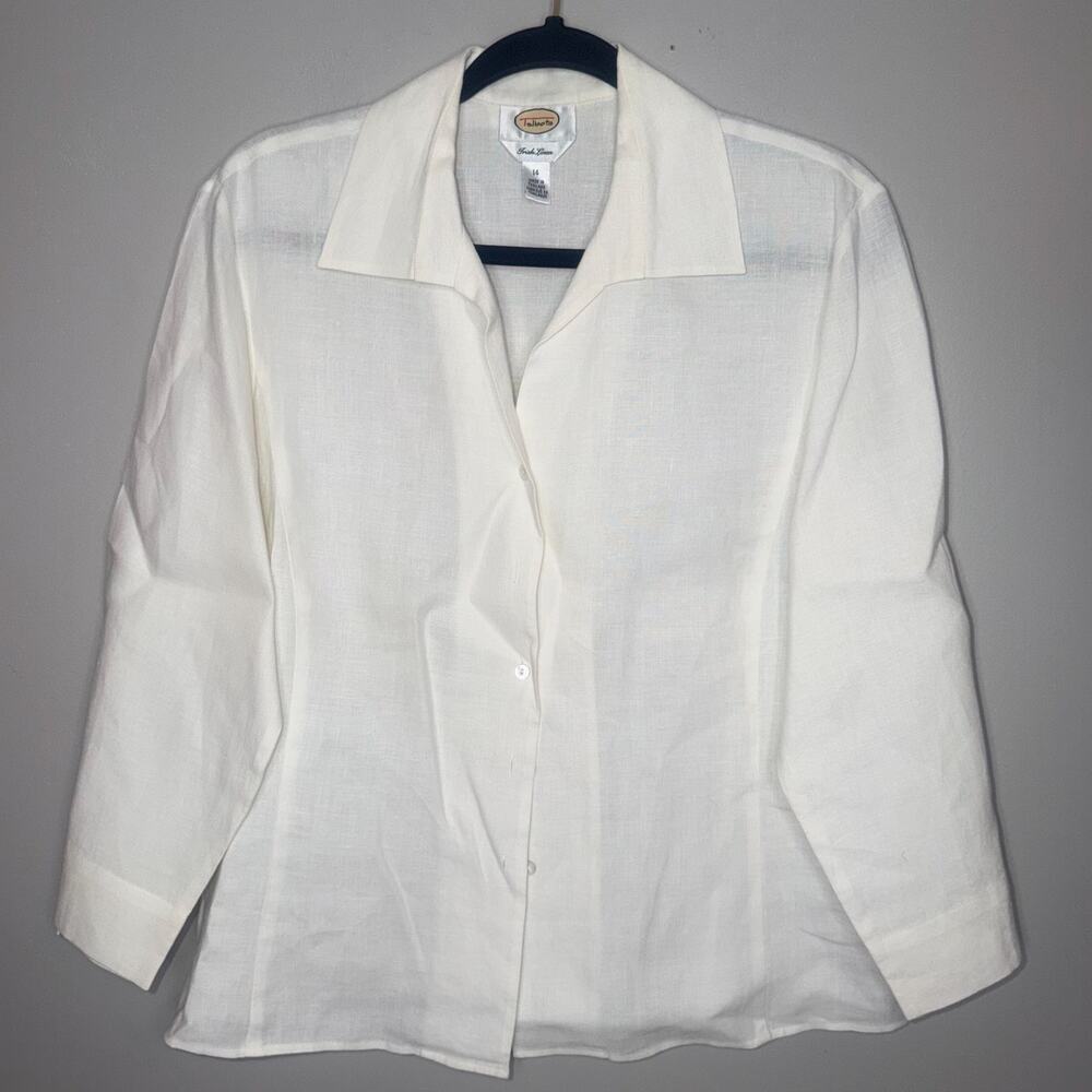 Talbots Irish Linen Womens Sz 14 Cream Long Sleeve Button Up Lightweight Blouse